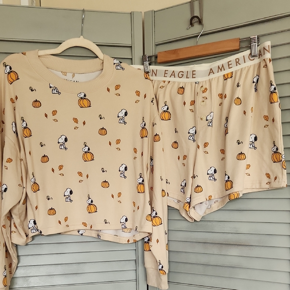 American Eagle Outfitters Snoopy Woodstock Fall Soft Pajamas Pumpkin Fall